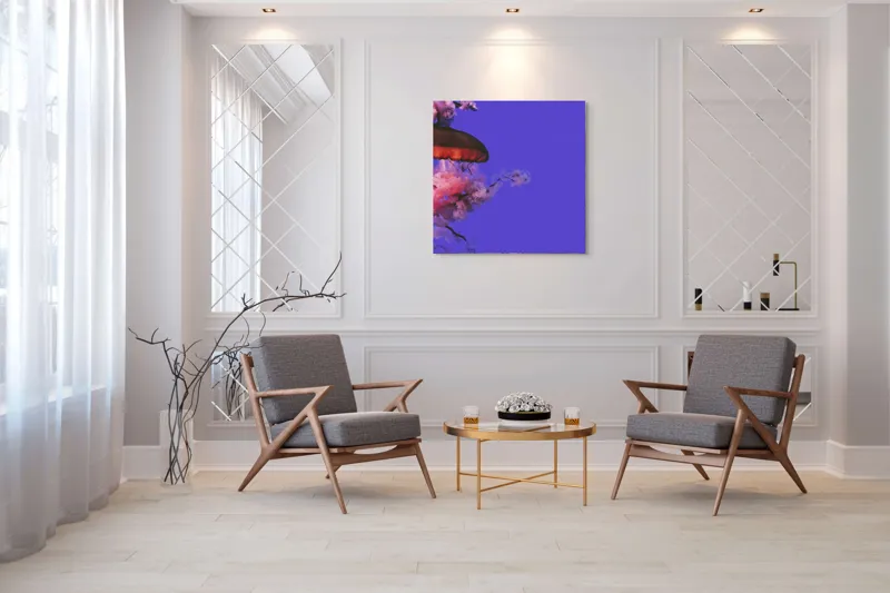 Tablou Canvas, "Meduza plutind printre nori efemeri", Meduză, Nori, Mov, Roz, Flotare, Mister, Apă, Lumină, 100 x 100 cm – poza 7