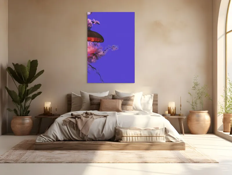 Tablou Canvas, "Meduza plutind printre nori efemeri", Meduză, Nori, Mov, Roz, Flotare, Mister, Apă, Lumină, 100 x 150 cm – poza 3