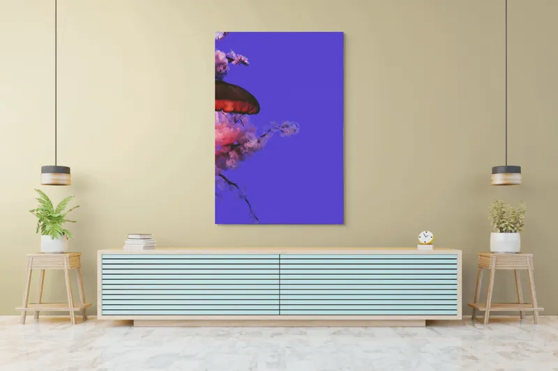 Tablou Canvas, "Meduza plutind printre nori efemeri", Meduză, Nori, Mov, Roz, Flotare, Mister, Apă, Lumină, 100 x 150 cm – poza 4