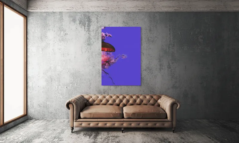 Tablou Canvas, "Meduza plutind printre nori efemeri", Meduză, Nori, Mov, Roz, Flotare, Mister, Apă, Lumină, 100 x 150 cm – poza 6