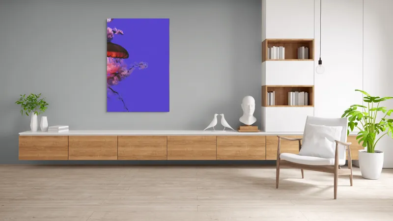 Tablou Canvas, "Meduza plutind printre nori efemeri", Meduză, Nori, Mov, Roz, Flotare, Mister, Apă, Lumină, 100 x 150 cm – poza 8