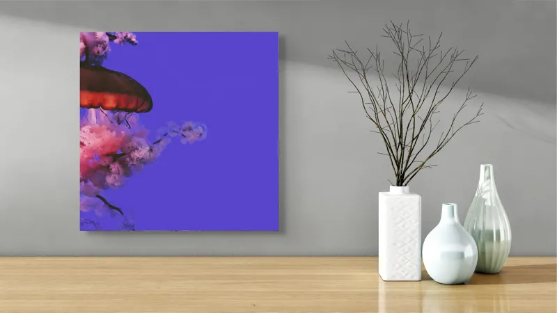 Tablou Canvas, "Meduza plutind printre nori efemeri", Meduză, Nori, Mov, Roz, Flotare, Mister, Apă, Lumină, 50 x 50 cm – poza 3