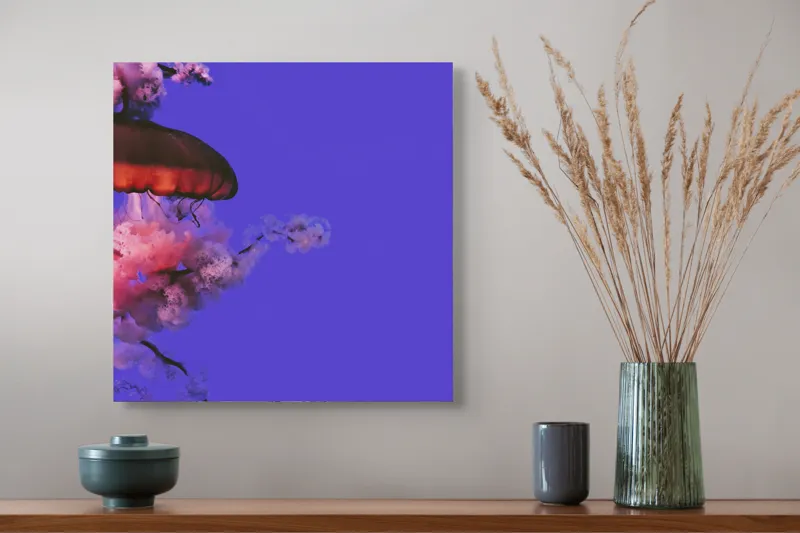Tablou Canvas, "Meduza plutind printre nori efemeri", Meduză, Nori, Mov, Roz, Flotare, Mister, Apă, Lumină, 50 x 50 cm – poza 4