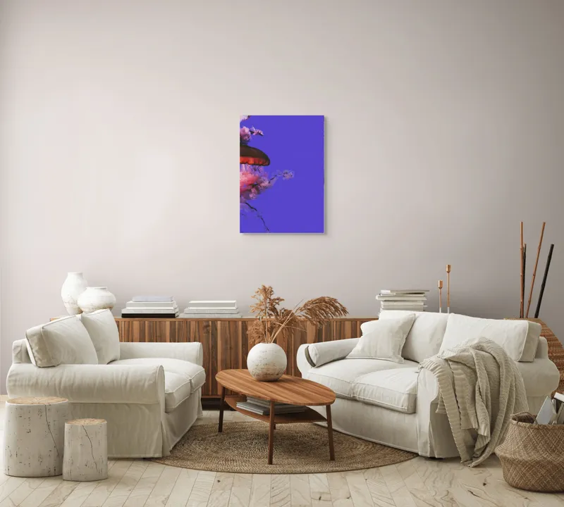 Tablou Canvas, "Meduza plutind printre nori efemeri", Meduză, Nori, Mov, Roz, Flotare, Mister, Apă, Lumină, 50 x 70 cm – poza 4
