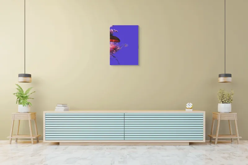 Tablou Canvas, "Meduza plutind printre nori efemeri", Meduză, Nori, Mov, Roz, Flotare, Mister, Apă, Lumină, 50 x 70 cm – poza 6