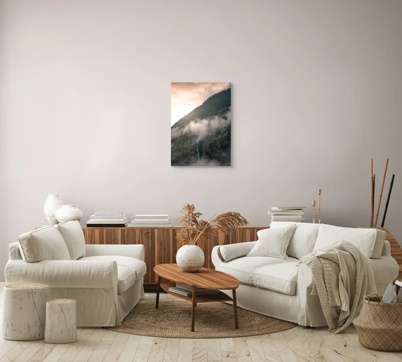 Tablou Canvas, "Cascadă printre munți în zori", Nor, Apus, Pădure, Cascadă, Păsări, Munți, Ceață, 50 x 70 cm – poza 4