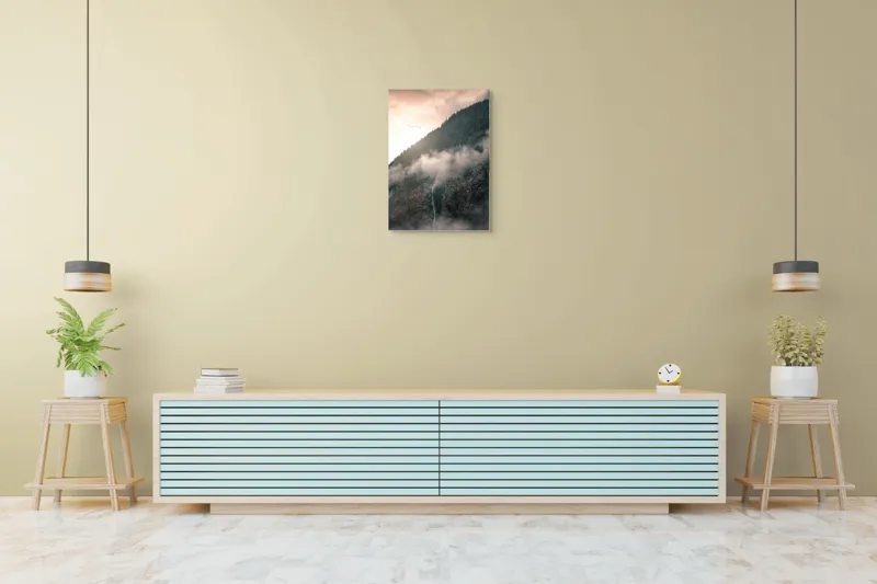 Tablou Canvas, "Cascadă printre munți în zori", Nor, Apus, Pădure, Cascadă, Păsări, Munți, Ceață, 50 x 70 cm – poza 6