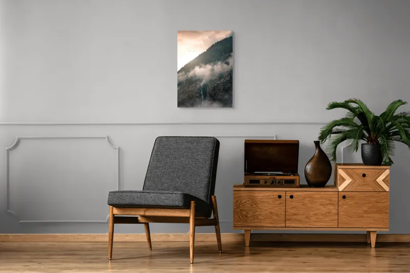 Tablou Canvas, "Cascadă printre munți în zori", Nor, Apus, Pădure, Cascadă, Păsări, Munți, Ceață, 50 x 70 cm – poza 8