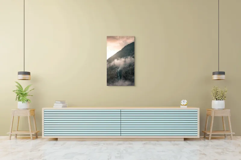 Tablou Canvas, "Cascadă printre munți în zori", Nor, Apus, Pădure, Cascadă, Păsări, Munți, Ceață, 50 x 90 cm – poza 6