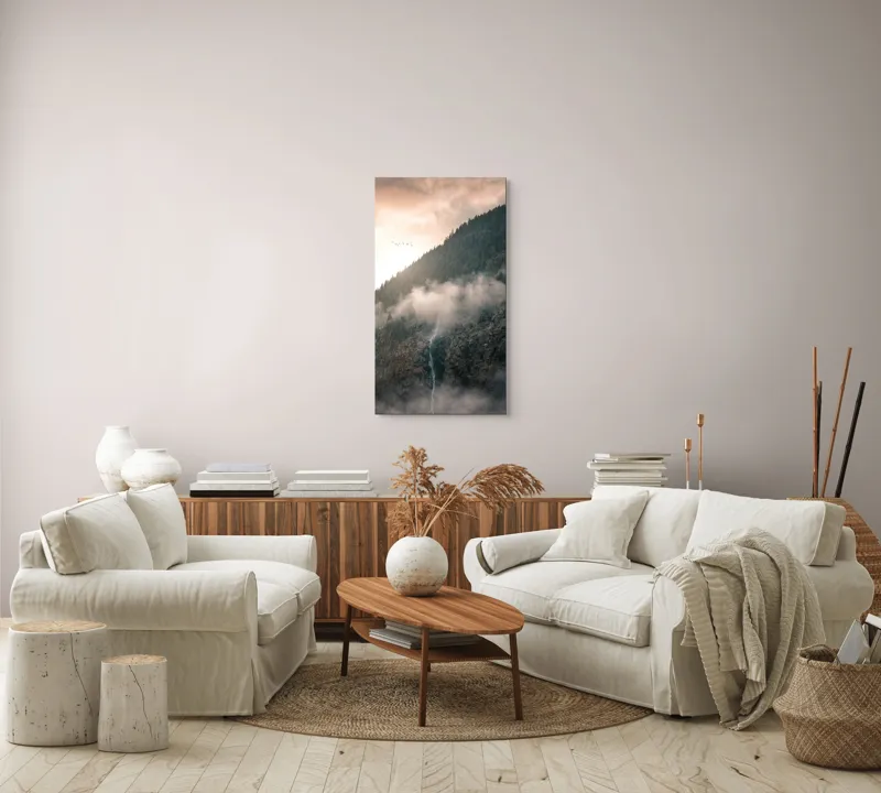 Tablou Canvas, "Cascadă printre munți în zori", Nor, Apus, Pădure, Cascadă, Păsări, Munți, Ceață, 50 x 90 cm – poza 7