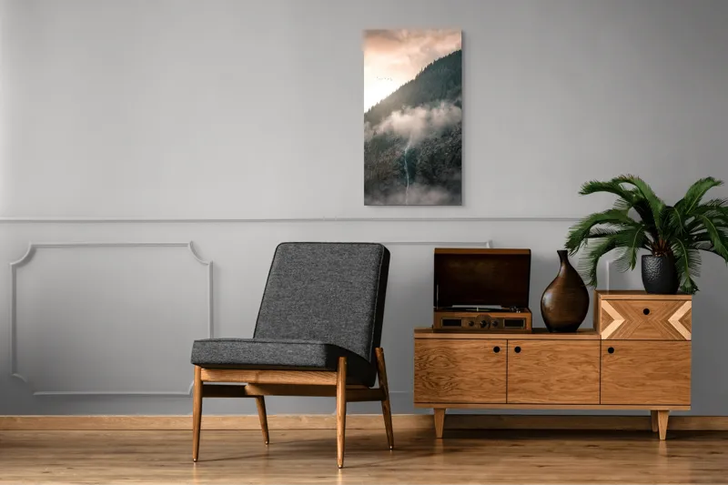 Tablou Canvas, "Cascadă printre munți în zori", Nor, Apus, Pădure, Cascadă, Păsări, Munți, Ceață, 50 x 90 cm – poza 8