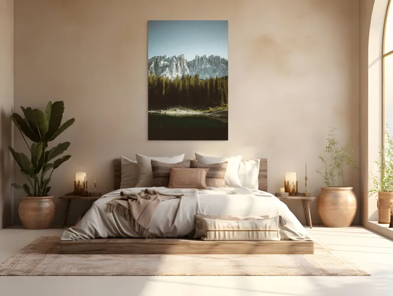 Tablou Canvas, "Pădurea și munții în lumina dimineții", Măreție, Pădure, Reflecție, Serena, Alpin, Claritate, Savoare, Liniște, Frumusețe, Natură, 100 x 150 cm – poza 3