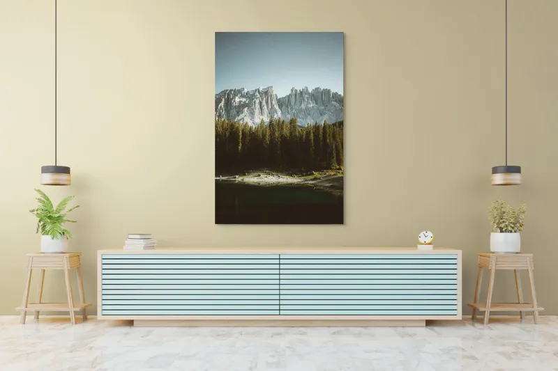 Tablou Canvas, "Pădurea și munții în lumina dimineții", Măreție, Pădure, Reflecție, Serena, Alpin, Claritate, Savoare, Liniște, Frumusețe, Natură, 100 x 150 cm – poza 4