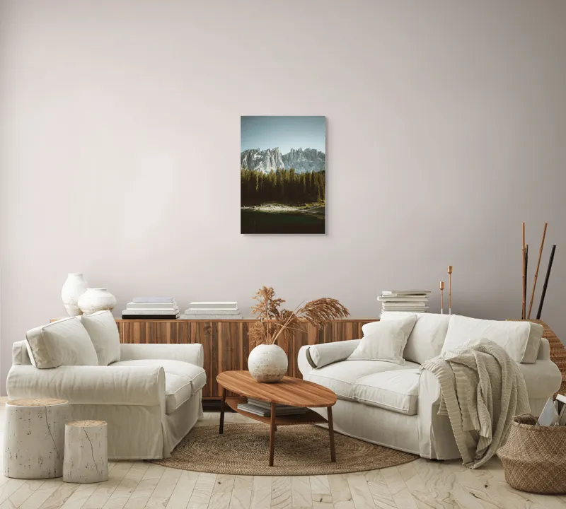 Tablou Canvas, "Pădurea și munții în lumina dimineții", Măreție, Pădure, Reflecție, Serena, Alpin, Claritate, Savoare, Liniște, Frumusețe, Natură, 50 x 70 cm – poza 4