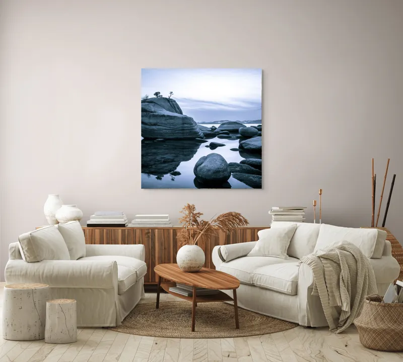 Tablou Canvas, "Reflecții solitare pe lac glaciar", Roci, Apă, Reflecție, Liniște, Cer, Peisaj, Natură, Calm., 100 x 100 cm – poza 3