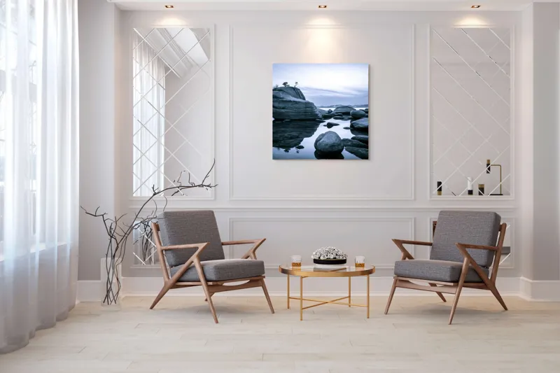 Tablou Canvas, "Reflecții solitare pe lac glaciar", Roci, Apă, Reflecție, Liniște, Cer, Peisaj, Natură, Calm., 100 x 100 cm – poza 7