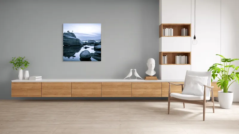 Tablou Canvas, "Reflecții solitare pe lac glaciar", Roci, Apă, Reflecție, Liniște, Cer, Peisaj, Natură, Calm., 100 x 100 cm – poza 8
