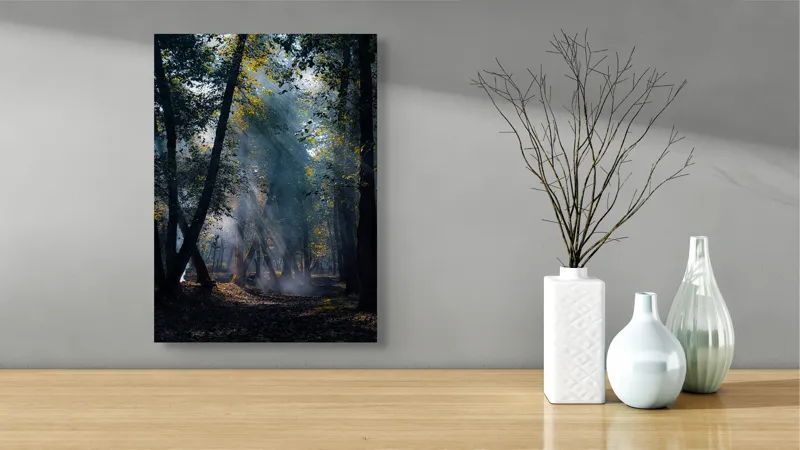 Tablou Canvas, "Raze de lumină în pădurea tainică", Mister, Lumină, Pădure, Umbre, Frunziș, Tainic, Copaci, Raze, Pitoresc, Seren., 39 x 54 cm – poza 4