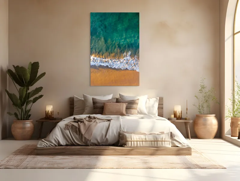 Tablou Canvas, "Valuri mângâind nisipul aurit", Albastru, Apă, Valuri, Nisip, Lumină, Textură, Natură, Ocean, Coastă, Relaxare, 100 x 150 cm – poza 3