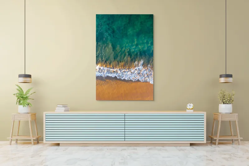 Tablou Canvas, "Valuri mângâind nisipul aurit", Albastru, Apă, Valuri, Nisip, Lumină, Textură, Natură, Ocean, Coastă, Relaxare, 100 x 150 cm – poza 4
