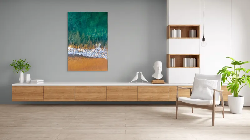 Tablou Canvas, "Valuri mângâind nisipul aurit", Albastru, Apă, Valuri, Nisip, Lumină, Textură, Natură, Ocean, Coastă, Relaxare, 100 x 150 cm – poza 8