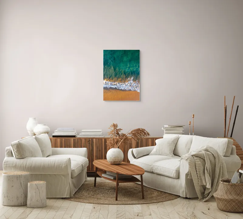 Tablou Canvas, "Valuri mângâind nisipul aurit", Albastru, Apă, Valuri, Nisip, Lumină, Textură, Natură, Ocean, Coastă, Relaxare, 50 x 70 cm – poza 4