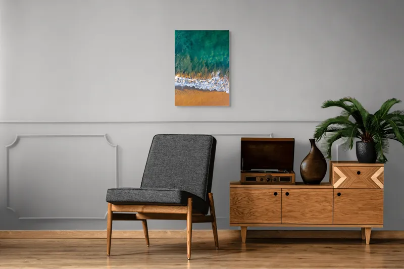 Tablou Canvas, "Valuri mângâind nisipul aurit", Albastru, Apă, Valuri, Nisip, Lumină, Textură, Natură, Ocean, Coastă, Relaxare, 50 x 70 cm – poza 8