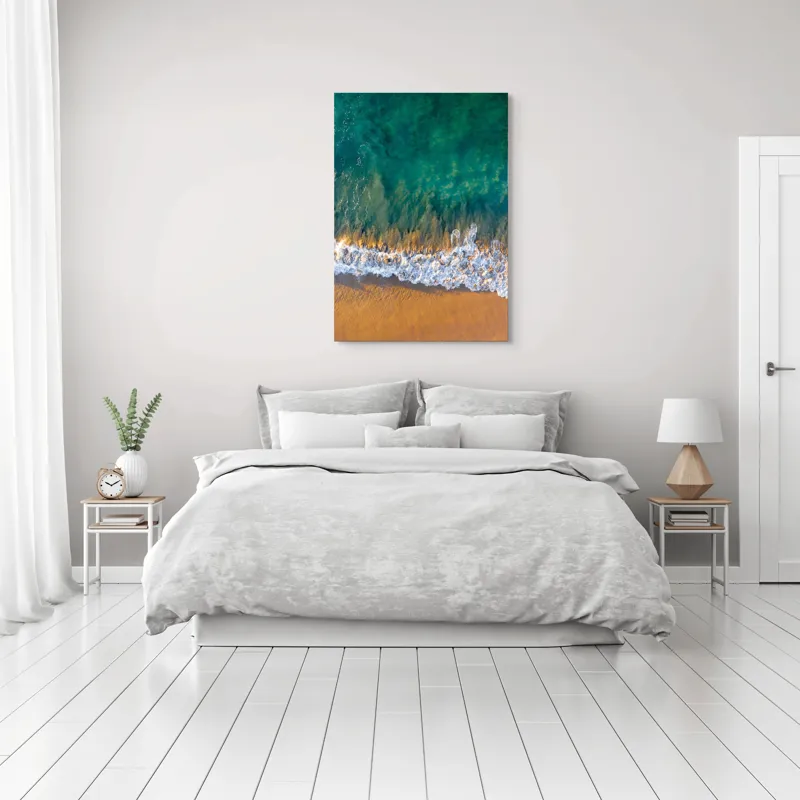 Tablou Canvas, "Valuri mângâind nisipul aurit", Albastru, Apă, Valuri, Nisip, Lumină, Textură, Natură, Ocean, Coastă, Relaxare, 70 x 100 cm – poza 3