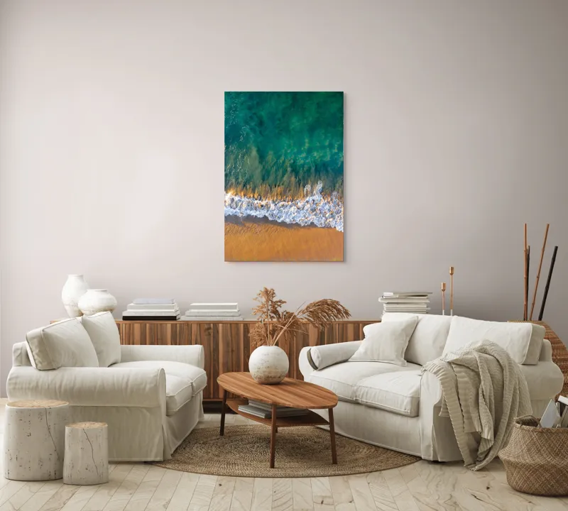 Tablou Canvas, "Valuri mângâind nisipul aurit", Albastru, Apă, Valuri, Nisip, Lumină, Textură, Natură, Ocean, Coastă, Relaxare, 70 x 100 cm – poza 4