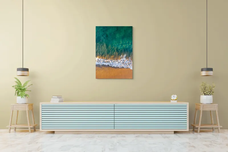 Tablou Canvas, "Valuri mângâind nisipul aurit", Albastru, Apă, Valuri, Nisip, Lumină, Textură, Natură, Ocean, Coastă, Relaxare, 70 x 100 cm – poza 5