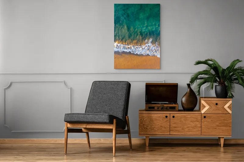 Tablou Canvas, "Valuri mângâind nisipul aurit", Albastru, Apă, Valuri, Nisip, Lumină, Textură, Natură, Ocean, Coastă, Relaxare, 70 x 100 cm – poza 6