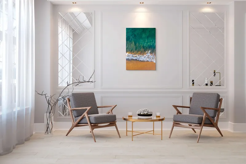 Tablou Canvas, "Valuri mângâind nisipul aurit", Albastru, Apă, Valuri, Nisip, Lumină, Textură, Natură, Ocean, Coastă, Relaxare, 70 x 100 cm – poza 8