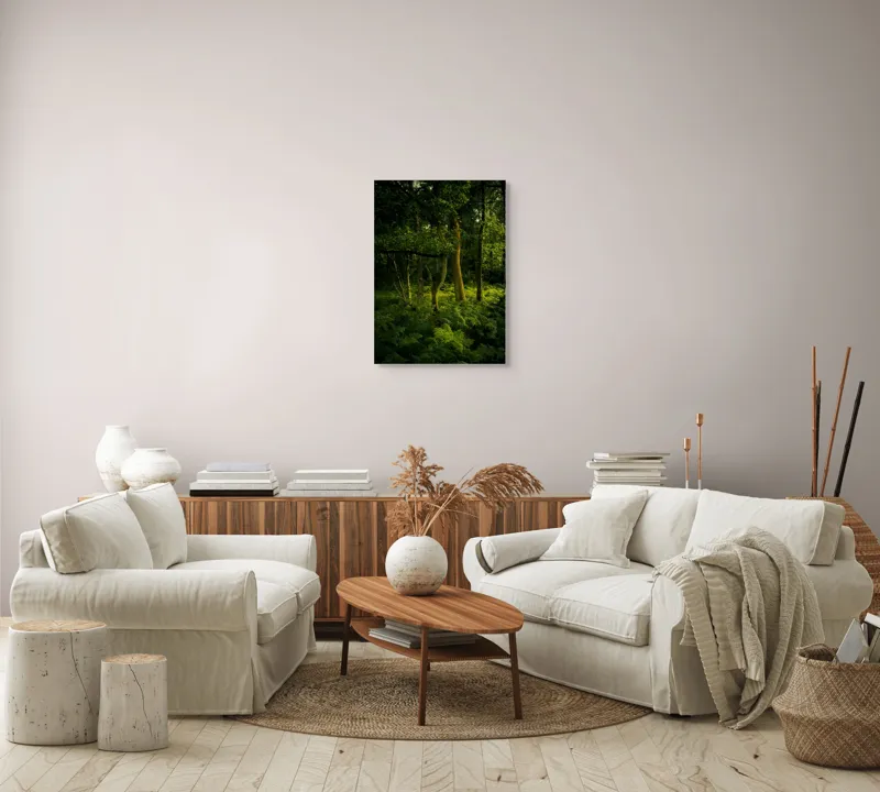 Tablou Canvas, "Lumina printre copacii pădurii verzi", Verde, Lumină, Copaci, Ferigi, Umbră, Pădure, Linie, Frunziș, Tihnă, Răcoare, 50 x 70 cm – poza 4
