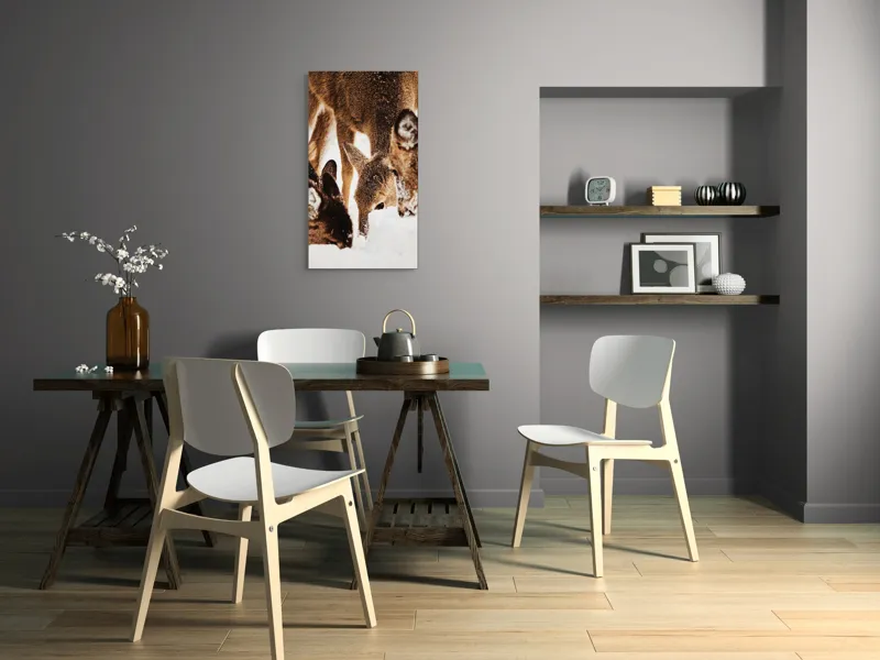 Tablou Canvas, "Căprioare căutând hrană în zăpadă", Creaturi, Nisip, Alb, Zăpadă, Blană, Împreună, Iarna, Peisaj, Natură, Pădure, Frig, Amuzant, Grijă, Apropiere, Calde, Necuvântătoare, Simplu, Elegant, Linie, 50 x 90 cm – poza 4
