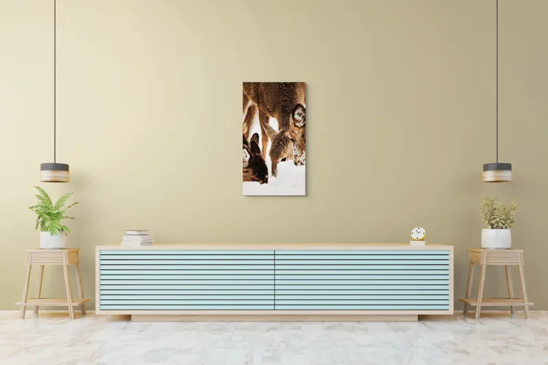 Tablou Canvas, "Căprioare căutând hrană în zăpadă", Creaturi, Nisip, Alb, Zăpadă, Blană, Împreună, Iarna, Peisaj, Natură, Pădure, Frig, Amuzant, Grijă, Apropiere, Calde, Necuvântătoare, Simplu, Elegant, Linie, 50 x 90 cm – poza 6