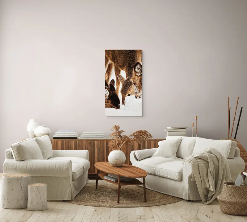 Tablou Canvas, "Căprioare căutând hrană în zăpadă", Creaturi, Nisip, Alb, Zăpadă, Blană, Împreună, Iarna, Peisaj, Natură, Pădure, Frig, Amuzant, Grijă, Apropiere, Calde, Necuvântătoare, Simplu, Elegant, Linie, 50 x 90 cm – poza 7