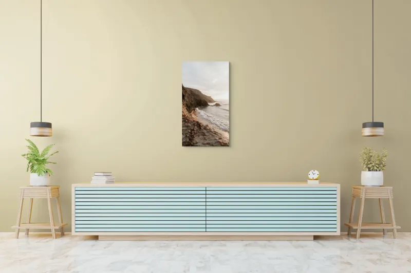 Tablou Canvas, "Valurile liniștite ale dimineții marine", Rocă, Plajă, Valuri, Apus, Cer, Pescăruși, Natura, Relaxare, Frumusețe, Mistică, 50 x 90 cm – poza 6
