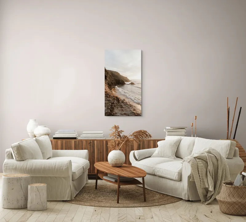 Tablou Canvas, "Valurile liniștite ale dimineții marine", Rocă, Plajă, Valuri, Apus, Cer, Pescăruși, Natura, Relaxare, Frumusețe, Mistică, 50 x 90 cm – poza 7