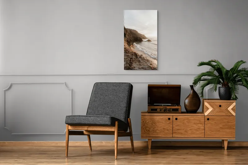 Tablou Canvas, "Valurile liniștite ale dimineții marine", Rocă, Plajă, Valuri, Apus, Cer, Pescăruși, Natura, Relaxare, Frumusețe, Mistică, 50 x 90 cm – poza 8