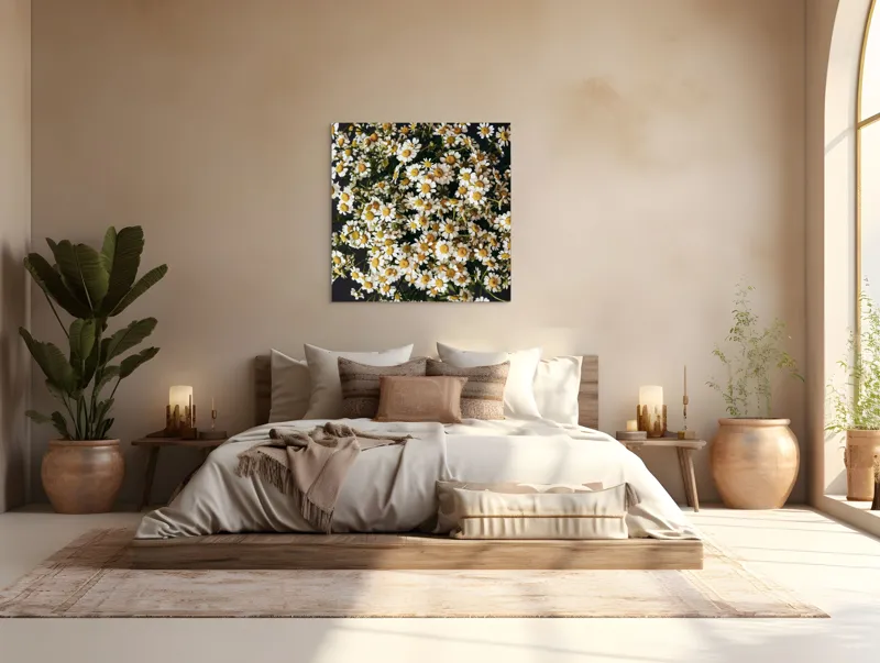 Tablou Canvas, "Câmp de margarete înflorite", Flori, Galbene, Albe, Naturale, Frumusețe, Petale, Vesele, Abundență, Contrast, Simplu, 100 x 100 cm – poza 4