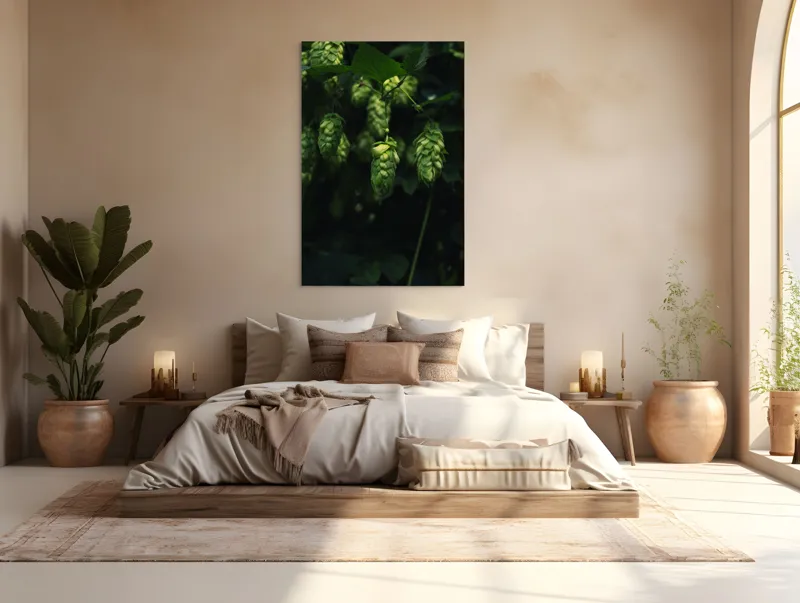 Tablou Canvas, "Conuri de hamei în lumina dimineții", Conuri, Verde, Frunze, Lumină, Umbre, Natura, 100 x 150 cm – poza 3