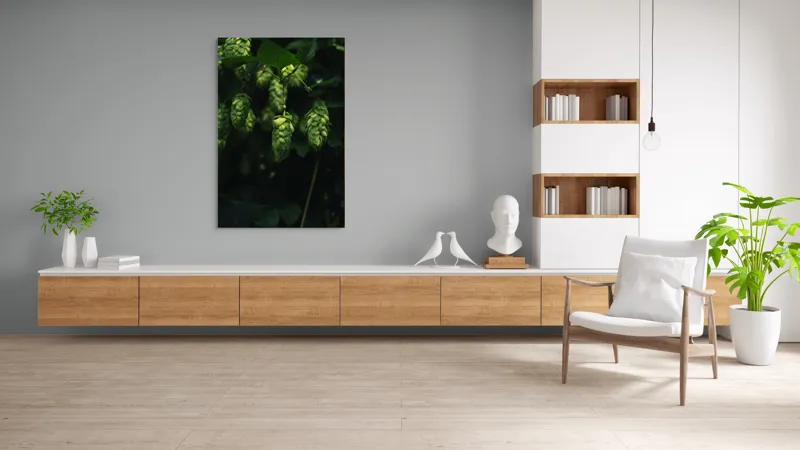 Tablou Canvas, "Conuri de hamei în lumina dimineții", Conuri, Verde, Frunze, Lumină, Umbre, Natura, 100 x 150 cm – poza 8