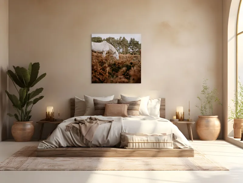 Tablou Canvas, "Cai în pădurea de ferigi toamna", Cal, Pădure, Iarbă, Cer, Copaci, Natură, Liniște, Frunziș, 100 x 100 cm – poza 4