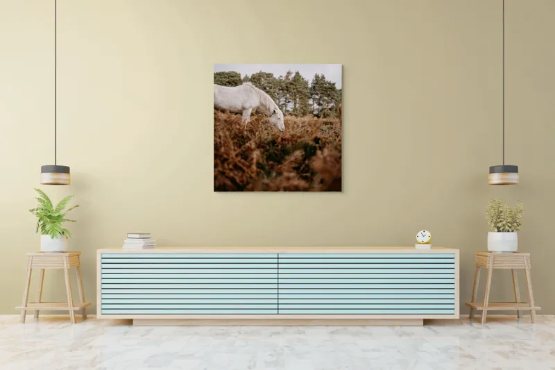 Tablou Canvas, "Cai în pădurea de ferigi toamna", Cal, Pădure, Iarbă, Cer, Copaci, Natură, Liniște, Frunziș, 100 x 100 cm – poza 5