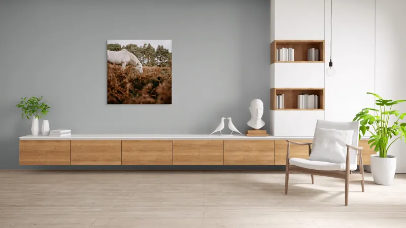 Tablou Canvas, "Cai în pădurea de ferigi toamna", Cal, Pădure, Iarbă, Cer, Copaci, Natură, Liniște, Frunziș, 100 x 100 cm – poza 8