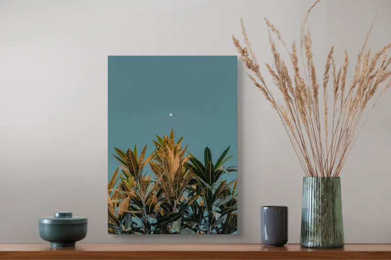 Tablou Canvas, "Frunze sub cerul cu lună albă", Frunze, Cer, Lună, Culori, Natură, Lumină, Contrast, Verde, Albastru, Calm, Seară, Seninătate, 39 x 54 cm – poza 3