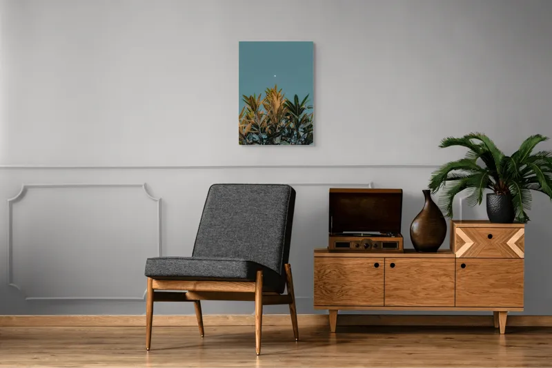Tablou Canvas, "Frunze sub cerul cu lună albă", Frunze, Cer, Lună, Culori, Natură, Lumină, Contrast, Verde, Albastru, Calm, Seară, Seninătate, 50 x 70 cm – poza 8