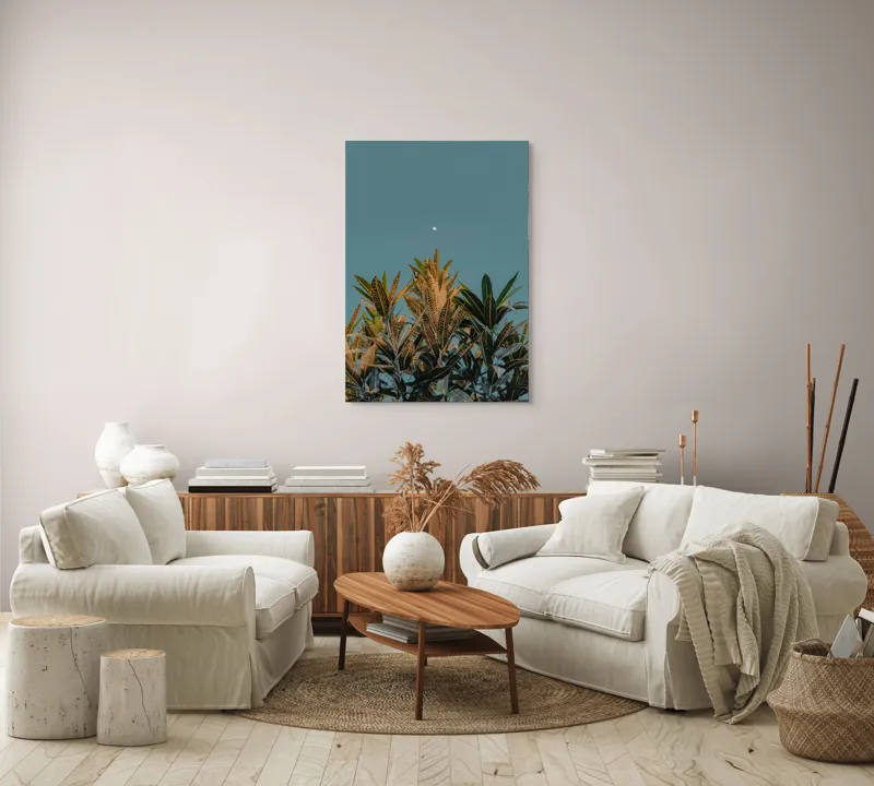 Tablou Canvas, "Frunze sub cerul cu lună albă", Frunze, Cer, Lună, Culori, Natură, Lumină, Contrast, Verde, Albastru, Calm, Seară, Seninătate, 70 x 100 cm – poza 4