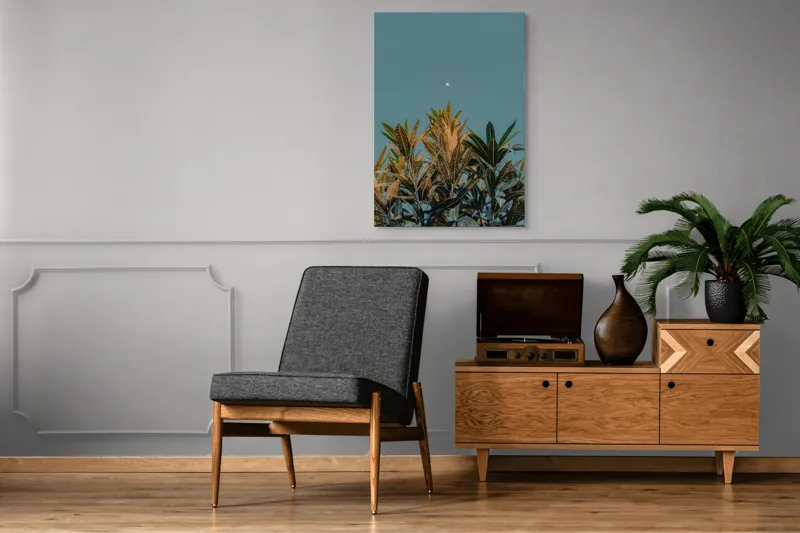 Tablou Canvas, "Frunze sub cerul cu lună albă", Frunze, Cer, Lună, Culori, Natură, Lumină, Contrast, Verde, Albastru, Calm, Seară, Seninătate, 70 x 100 cm – poza 6