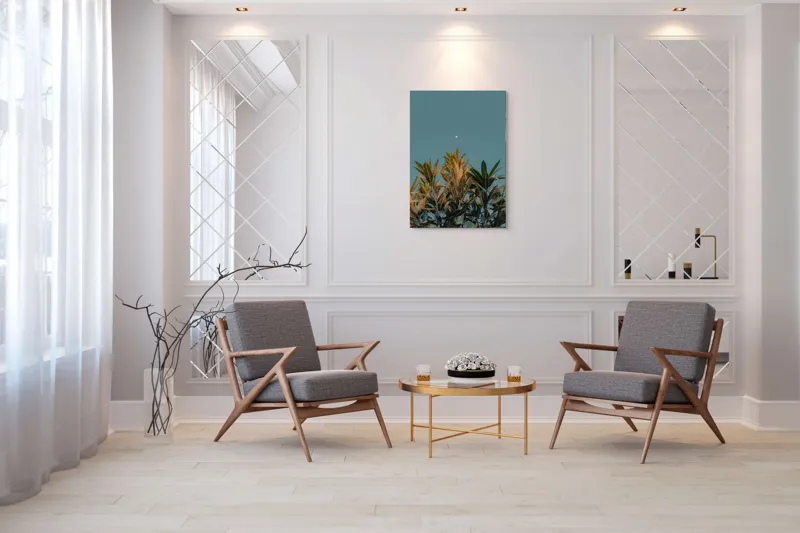 Tablou Canvas, "Frunze sub cerul cu lună albă", Frunze, Cer, Lună, Culori, Natură, Lumină, Contrast, Verde, Albastru, Calm, Seară, Seninătate, 70 x 100 cm – poza 8